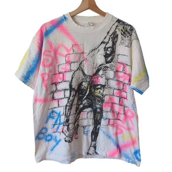 VTG 80s 90s Graffiti Spray Paint Basketball BIG Large T-Shirt All Over Print - Picture 1 of 8